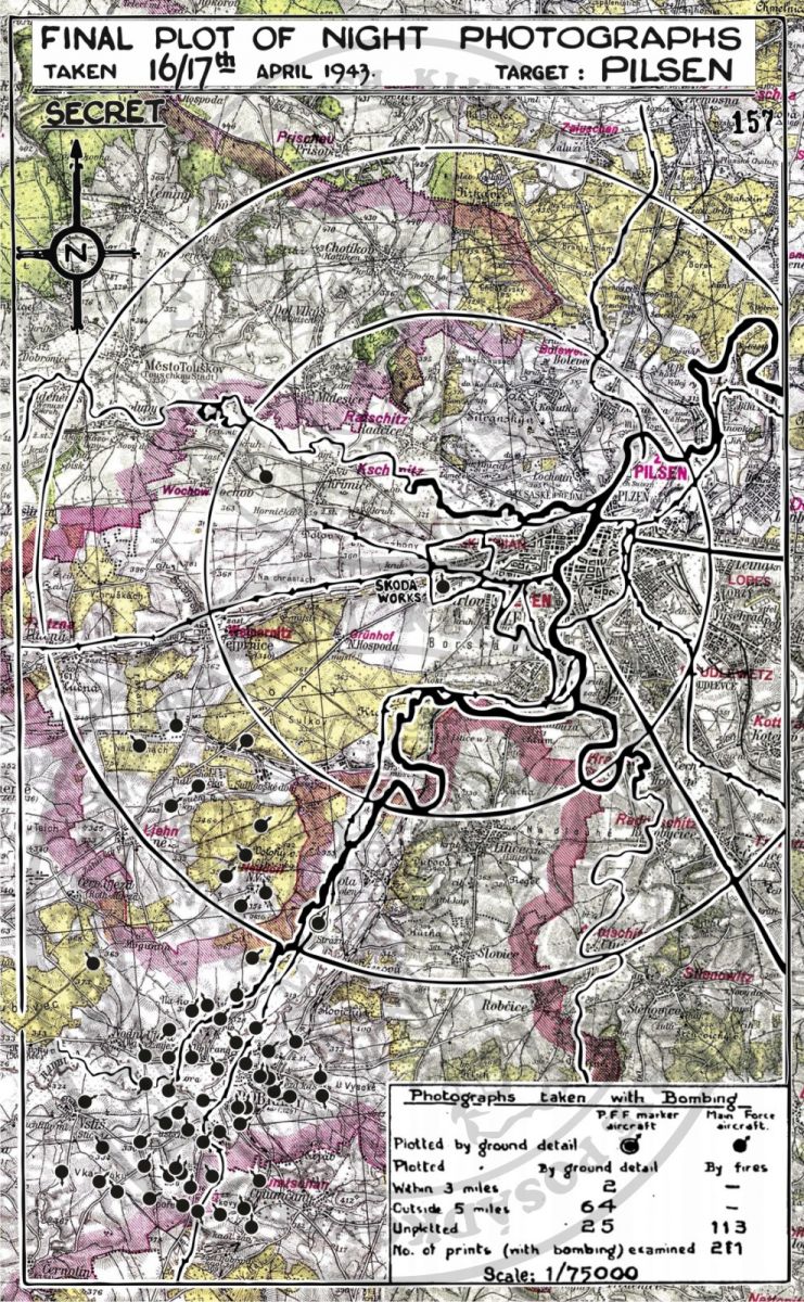 Mapa dopadu bomb ze ZPRÁVY O NOČNÍM NÁLETU č. 312 BOMBARDOVACÍ VELITELSTVÍ 